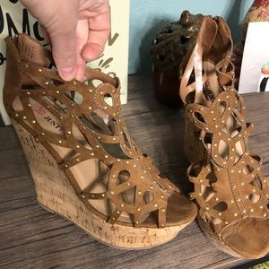 Tan, cut out, gold detail, cork wedges